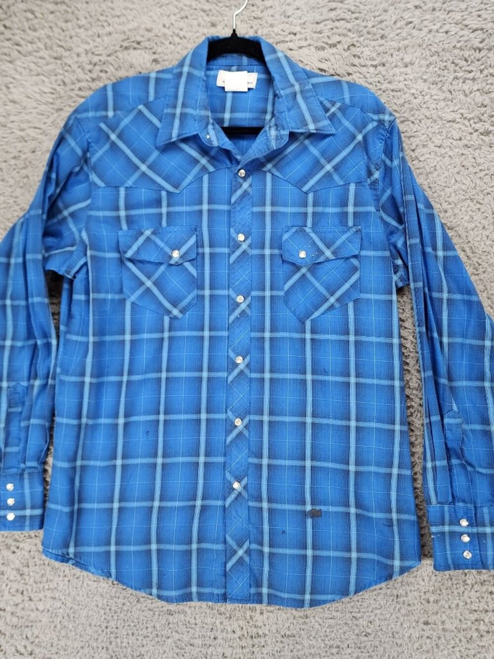 Wrangler Shirt Mens Large Wrancher Blue Plaid Button Up Western *Read*